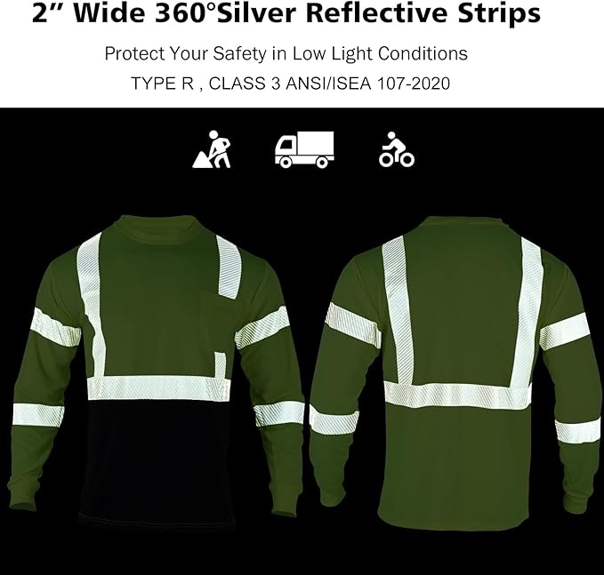 VENDACE Safety Reflective High Visibility Long Sleeve Shirts ANSI Class 3 Hi Vis Construction Work T Shirts for Men