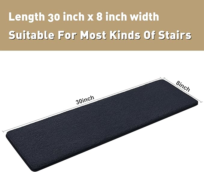 PURE ERA Carpet Stair Treads Ultra Plush 8 x 30 inch Soft Indoor Stair Protectors Pet-Friendly Non-Slip Skid Resistant Tape Free Washable Reusable(7 Pieces,Black)