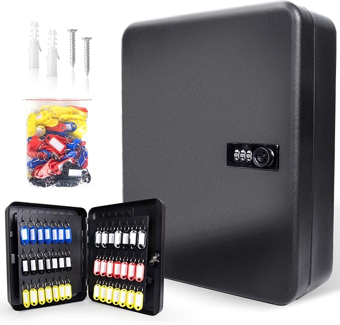 120 Position Key Cabinet with Combination Lock Wall Mount, Black Steel Locking Key Organizer Safe Security Storage Lockbox Holder for Valets, with Colorful Key Tag Labels Stickers and Hooks