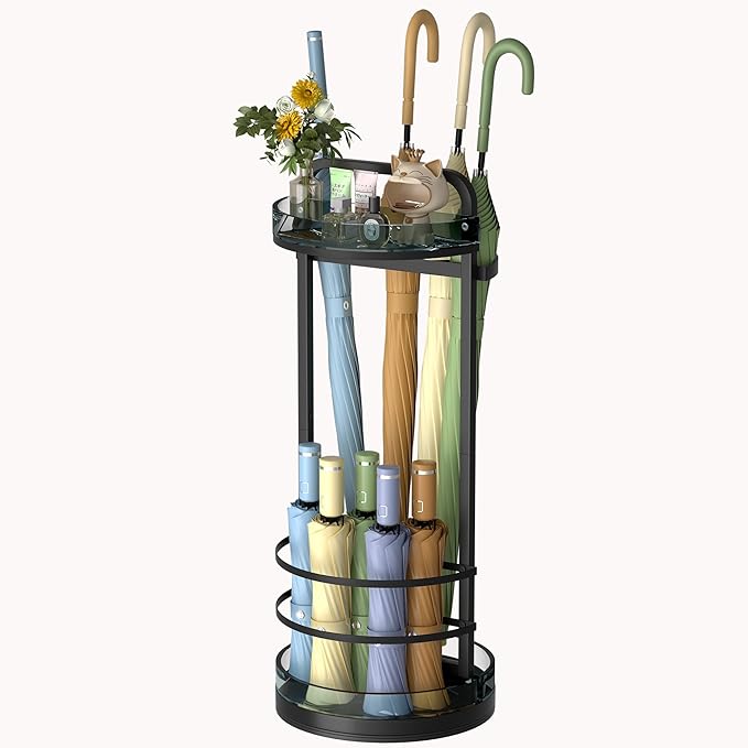 Rotating Free Standing Umbrella Holder for Entryway & Steel Round Umbrella Stand with Drip Tray, Acrylic Box, Holds 9+Umbrellas, Umbrella Rack Storage Canes,Sticks for Indoor Home Office,Black