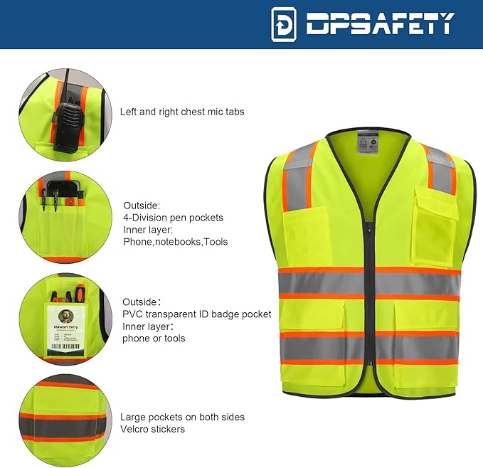 9 Pocket High Visibility Class 2 Safety Vest with 2 Inch Wide Reflective Strips Zipper Construction Work Vest for Men & Women Lime, 5XL