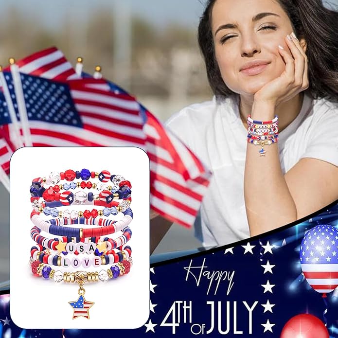 Independence Day Gifts for Women Men Teens Red White Blue Clay Beaded Stackable Stretch Bracelets USA Patriotic Jewelry 4th of July Accessories