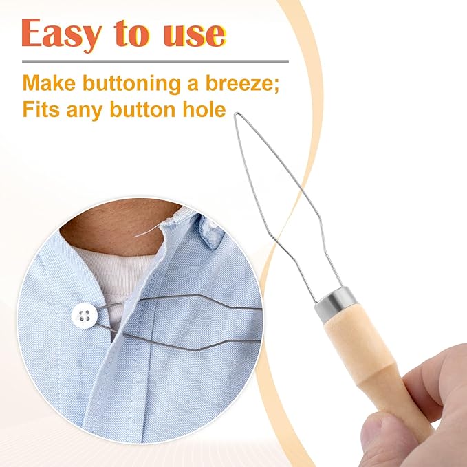 2 Packs Easy Button Hook, Steel Button Helper Tool for Elderly, Wide Wood Handle Buttons Fastener Device Assist Dressing Aid Tool for Seniors One Hand