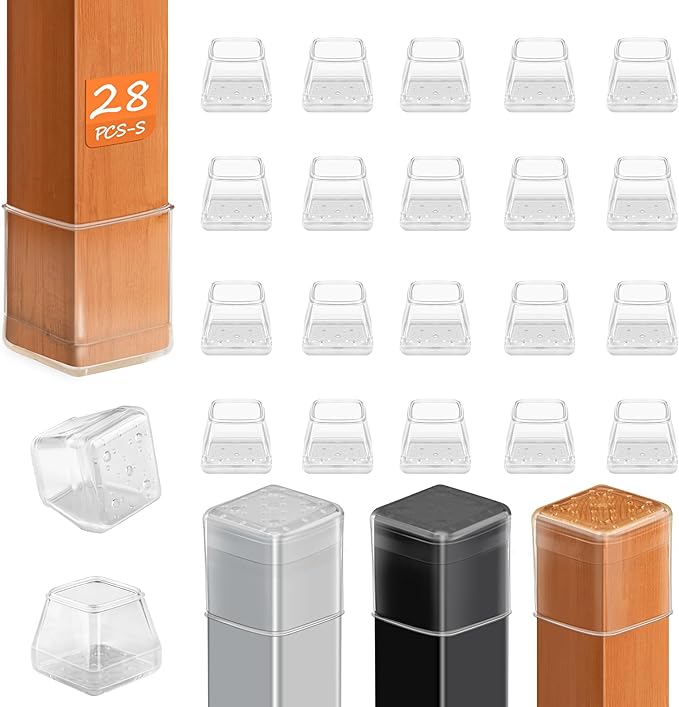 28 Pcs Chair Leg Protectors for Carpet Rug, Square Chair Glides, Dining Furniture Feet Sliders Caps, Carpeted Floors Protectors Covers with Plastic Pads, No Scratches (Fit:7/8"~1-1/16", Clear)