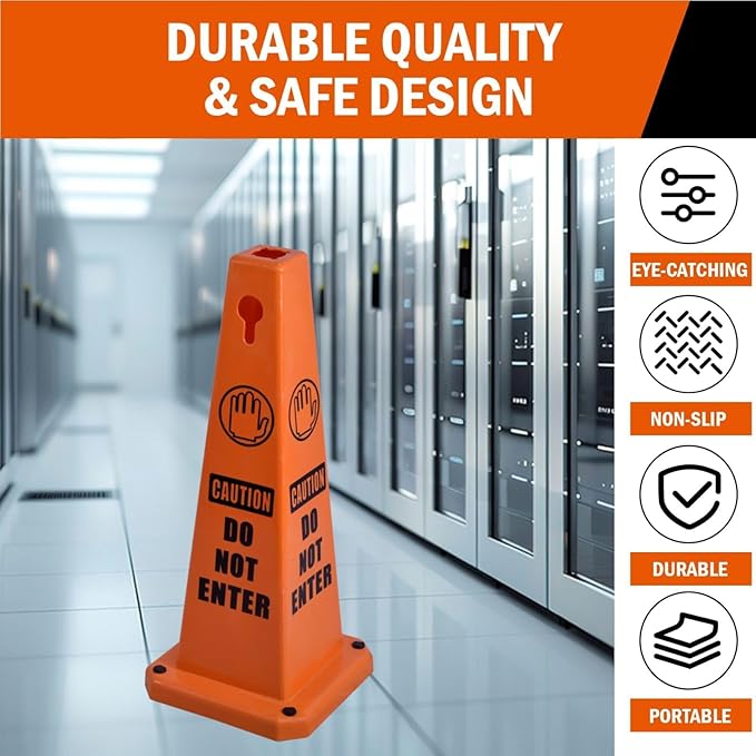 26.5" Caution Cones, 4-Sided Visible Safety Signs with Heavy Rubber Base, Warning for Slip & Fall Prevention, Indoor/Outdoor Use (4, Do Not Enter-Orange, 26.5 inch)