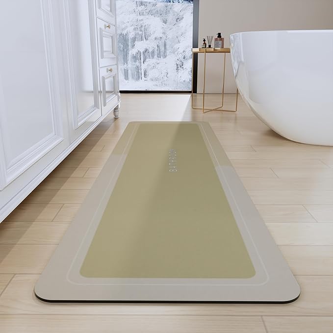 Bath Mat, Bathroom Mat Rugs Super Absorbent Shower Mats Non Slip Quick Dry Thin Rubber Mats for Bathroom Floor Fit Under Door, Shower Rug for Bathtub, Shower, Beige