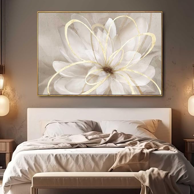 SOUGUAN Flower Wall Art for Living Room 32x48 Inch Gold Large Artwork Painting for Bedroom Kitchen Home Office Room Decore