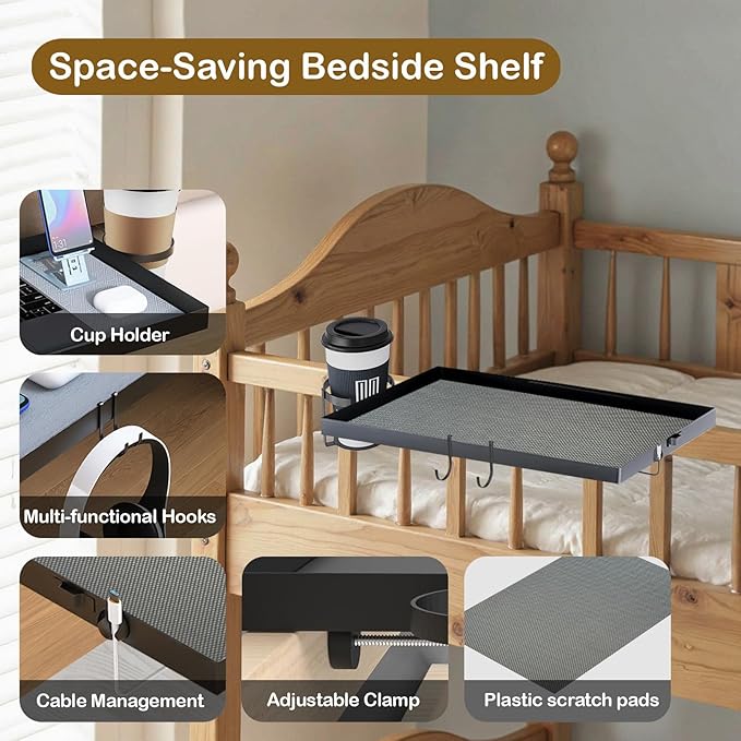 Metal Bedside Shelf for Bunk Bed & Top Bunk, Clip On Bed Side Table Tray Organizer for College Dorm Room,Loft Nightstand, Organizer Tray with Hook, Cord Clip and Cup Holder (Black)