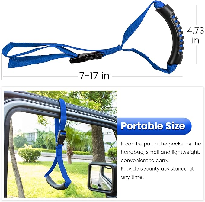 E-cowlboy Auto Cane Grab Handle - Adjustable Standing Aid Safety Portable Vehicle Support Bar With Nylon Grip - Mobility Assist Device (Blue)