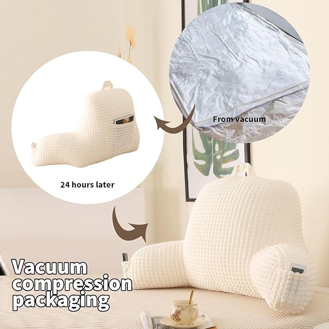 Reading Pillow for Sitting in Bed, Large Backrest Reading Pillow with Arm Rest,Back-Rest Support Cushion for Sit Up on Couch, Sofa, and Floor, Dorm Essentials (Cream Flannel, Standard(17inch))