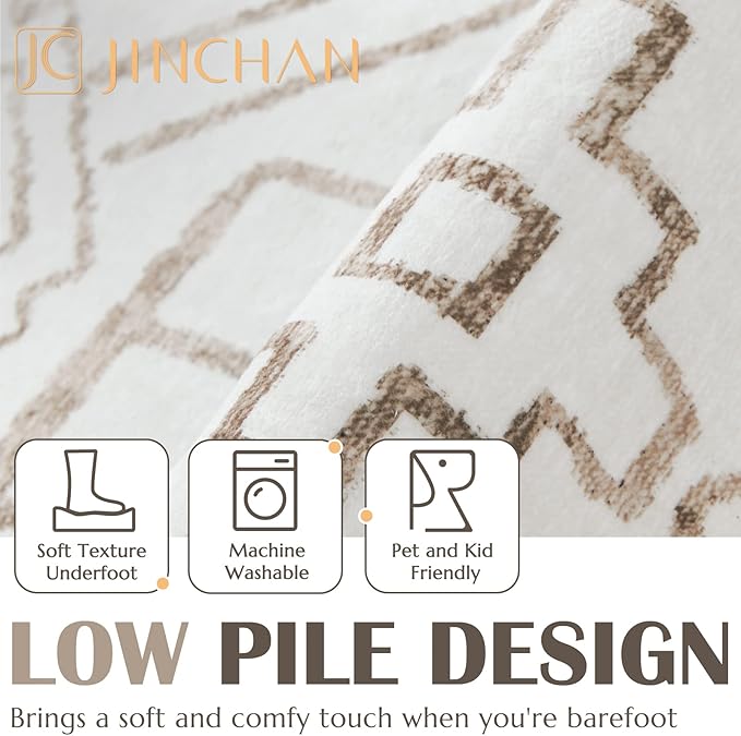 jinchan Hallway Runner Rug 2x8 - Moroccan Kitchen Machine Washable Runner Rug Modern Geometric Soft Faux Wool Ultra-Thin Low-Pile Non-Slip Carpet for Laundry Room Bedroom Farmhouse (2x8ft, Taupe)