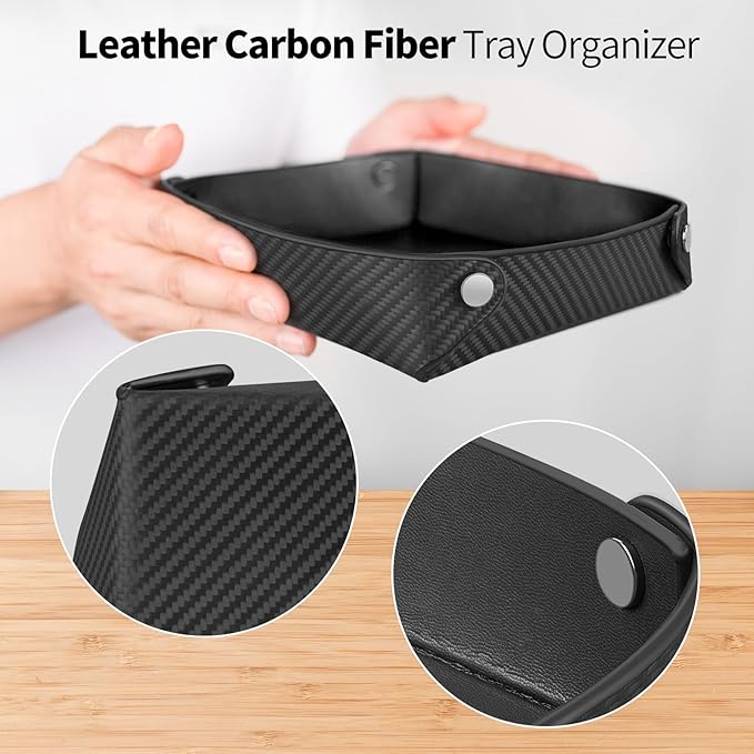 Leather Carbon Fiber Desktop Storage Tray, Decorative Catchall Organizer for Keys, Wallet, Watch, Jewelry, Entryway Table