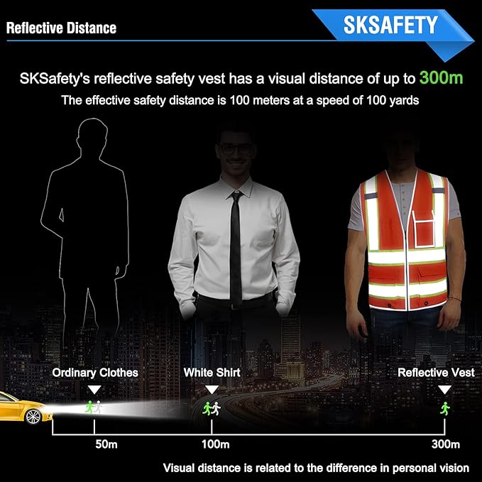 SKSAFETY 10 Pockets Safety Vest, Class 2 High Visibility Security with Zipper, Hi Vis Vest with Reflective Strips, ANSI/ISEA Standard, Construction Work Vest for Men ＆ Women （Orange, M）