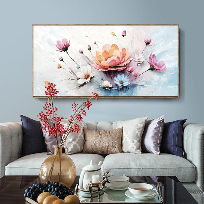 amatop Framed Floral Canvas Wall Art, Oversized Modern Abstract Daisy & Peony Botanical Print – Pink Blue Bloom Flower Pictures for Living Room, Bedroom, Dining Room & Entryway Wall Decor (58x29 Inch)