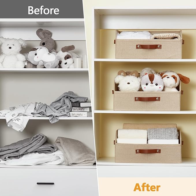 Closet Organizers and Storage, Linen Trapezoid Storage Bins with Handles, Collapsible Shelf Organizer for Blanket, Towel, Clothes, Hats, Purse (Khaki)