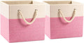 PRANDOM Large Foldable Cube Storage Bins 11x11 inch [2-Pack] Fabric Linen Storage Baskets Cubes Drawer with Cotton Handles Organizer for Shelves Nursery Closet Bedroom Pink