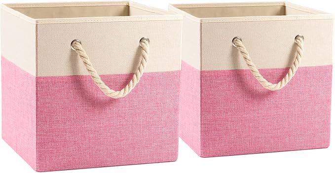 PRANDOM Large Foldable Cube Storage Bins 11x11 inch [2-Pack] Fabric Linen Storage Baskets Cubes Drawer with Cotton Handles Organizer for Shelves Nursery Closet Bedroom Pink