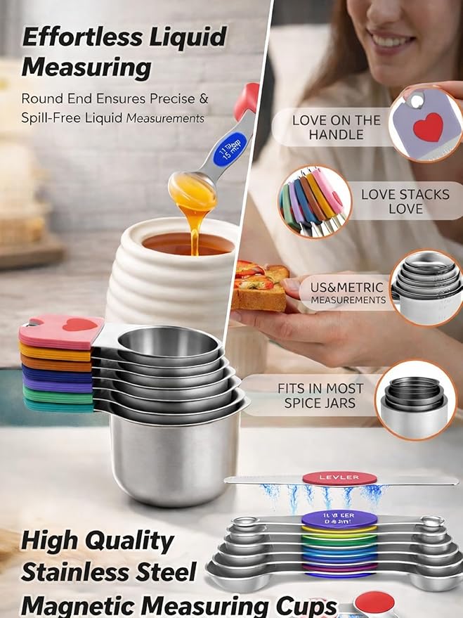 Magnetic Measuring Cups & Spoons Set, Strong N45 Magnets, Heavy Duty Stainless Steel Fits in Spice Jars for Baking & Cooking, BPA Free, Round Set of 15 with Leveler, Colorful