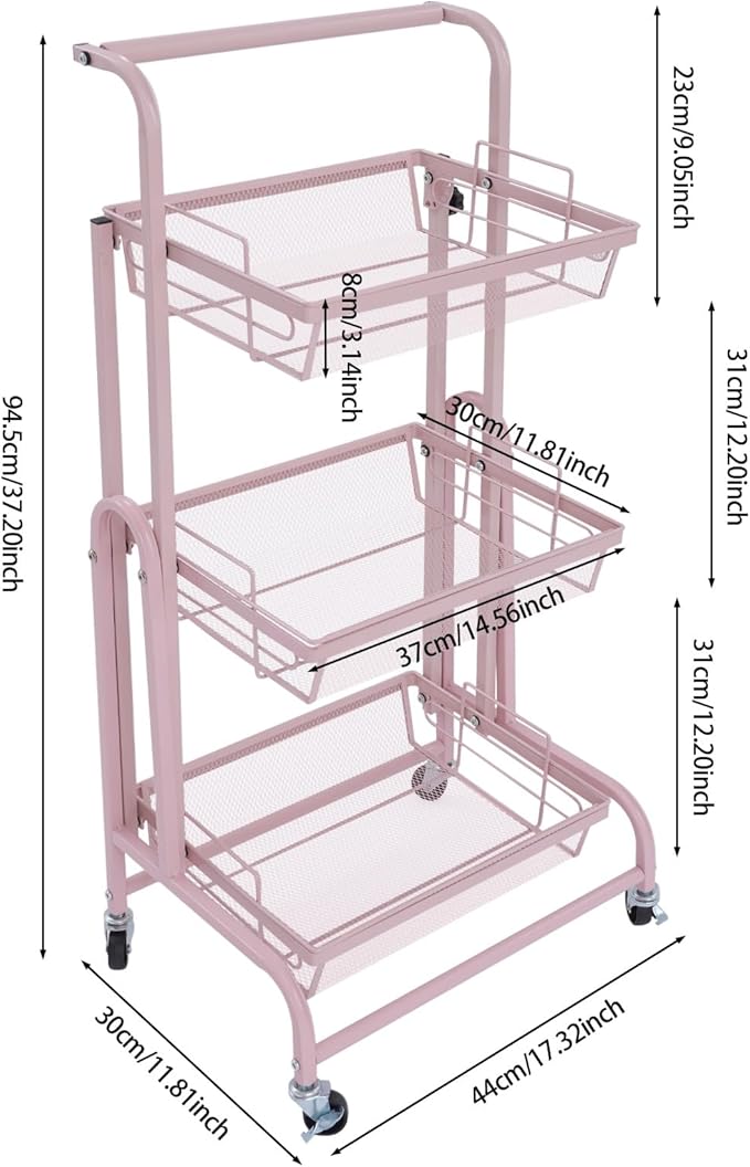 3 Tier Rolling Utility Cart with Wheels, Metal Rolling Foldable Storage Shelves, Adjustable Tilt Angle Storage Organizer for Living Rooms, Kitchens, Bathrooms (Pink)