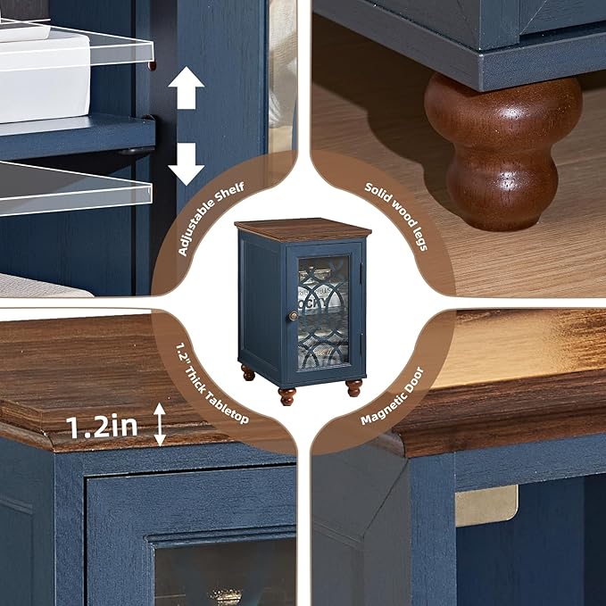 Narrow Side Table Set of 2 with Glass Door, 18 x 14'' Night Stand with Adjustable Shelf Storage Cabinet Organizer, Bedside End Tables Wood Nightstand for Small Spaces Living Room Bedroom