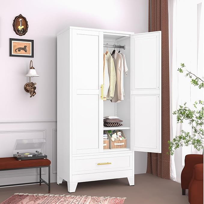 Metal Armoire Wardrobe Closet with Drawers,Storage Cabinet with Hanging Rod,71'' Metal Wardrobe Cabinet with 2 Doors and Adjustable Shelves for Bedroom, Laundry Room, Cloak Room