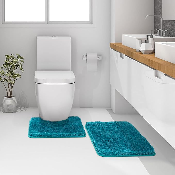 MIULEE Microfiber Toilet Bath Mat U-Shaped Contour Shaggy Bathroom Rugs Non Slip Extra Thick Soft Bath Rug Absorbent Water for Bathroom Commode Machine Washable(24x24 Inch, Teal)