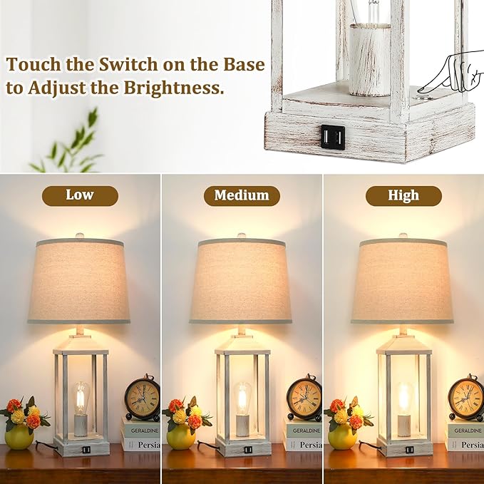 28" Bedside Table Lamp for Living Room, 3-Way Dimmable Touch Control Retro Nightstand Desk Lamp with 2 Light, White Rustic Farmhouse Lamp with USB Ports for Bedroom, Home, Office, 2 Bulbs Included