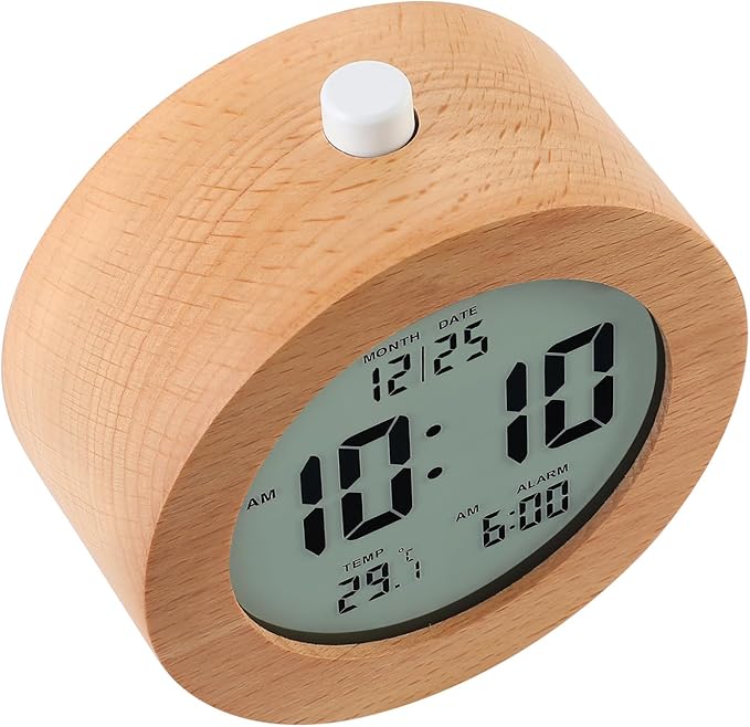 Plumeet Wooden Digital Alarm Clock for Bedrooms, Wood 4'' Battery Powered Alarm Clock with Snooze and Nightlight, Electronic LCD Desk Clock Display Time, Date, Temp, 12/24H, Wood Décor, Round, Brown