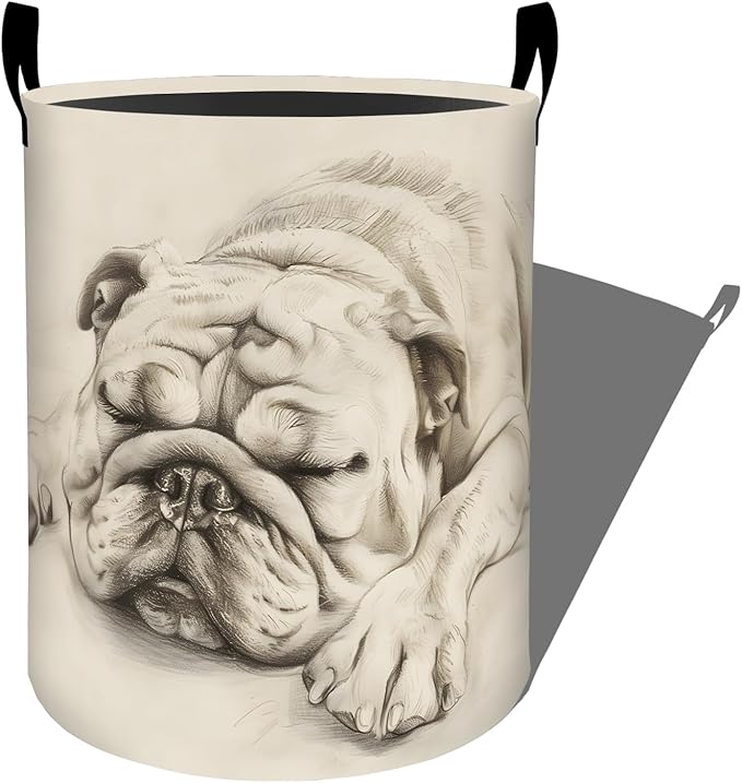 Sleeping Bulldog Pencil Sketch Art Laundry Basket, Dorm Nursery Foldable Laundry Hamper Organizer for Bathroom Decor, Toy Clothes Storage Box for Bedroom 19.7x15.7 Inch