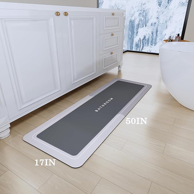 Bath Mat Rugs Non Slip Quick Dry Bathroom Mats Super Absorbent Rubber Bath Mats Fit Under Door, Bathroom Rugs Shower Mat for Bathroom, Bathtub, Shower and Sink (Rectangle Grey, 17"x50")