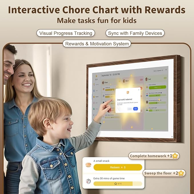 21.5 Inch Digital Calendar Chore Chart with Touchscreen - Full HD Interactive Display, Wall & Desk Mountable Family Planner, to-Do List & Meal Planner, Digital Picture Frame Gifts for Women Mom