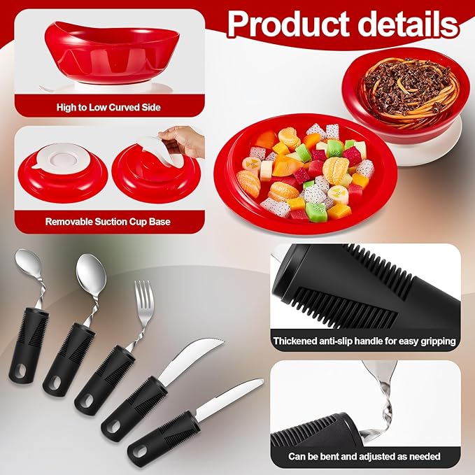 2 Sets Adaptive Utensils Bowl and Plate Set Adaptive Self Feeding Dinnerware with Suction Base Non Slip Bendable Cutlery for Elderly Disabled Hand Tremors Arthritis Parkinson(Red)