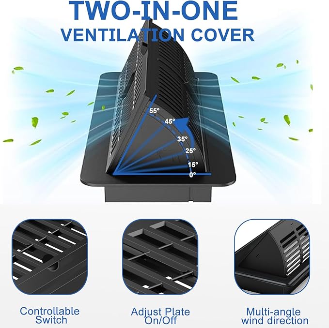 2-in-1 Vent Deflector & Floor Vent Cover, 2 Pack | Tool-Free Install, Adjustable 4x10 Floor Register for Home, Office & Ceiling | Rustproof ABS, Energy-Saving Airflow Control (Black)