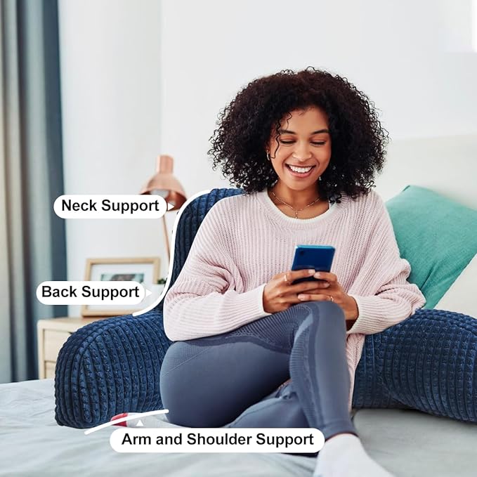Holawakaka Reading Pillow for Bed and Sofa Couch Sitting Up, Backrest Pillows with Arms for Kids Teens Adults, Back Support Cushion for Lounging, Watching TV, Working on Laptop, Navy Blue