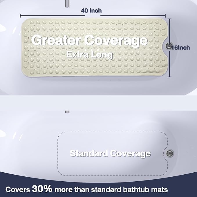 Extra Long Bathtub Mat Non Slip, Beige Soft Bath Mat for Tub 40 x 16 Inch Full Size, Bath Tub Shower Mats for Bathroom Floor with Big Suction Cups and Drain Holes, Easy Washable, BPA Free