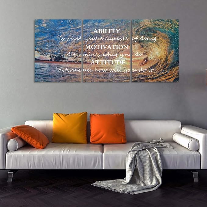 Inspirational Posters Motivational Wall Art Canvas Painting Sunrise Blue Sea Ocean Natural Landscape Wall Decor Sunset Ocean Beach Wall Art Poster Seascape Prints Artwork Wooden Framed - 36" Wx16 H