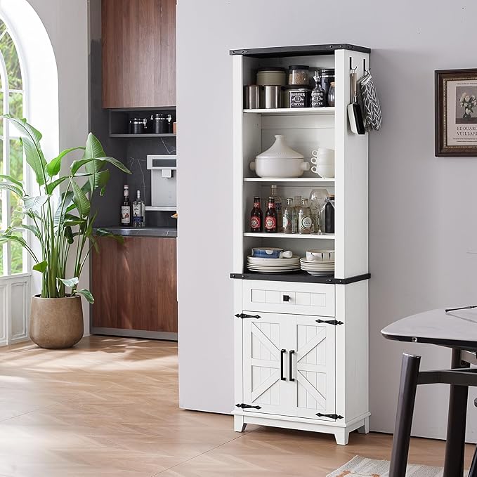 72in Tall Bookshelf 7 Tier Bookcase with Drawer and Barn Doors and Adjustable Shelves, White Farmhouse Book Shelf with Storage Cabinet, Wood Freestanding Display Bookshelves for Living Room