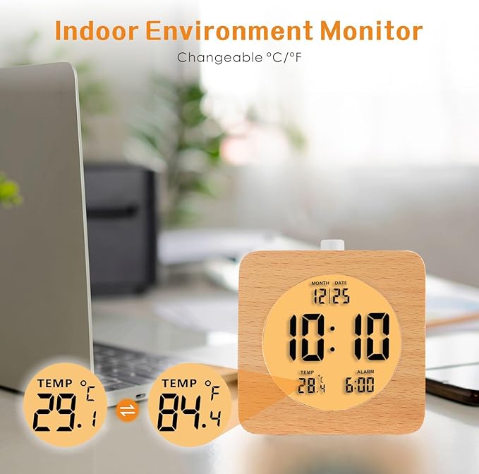 Plumeet Wooden Digital Alarm Clock for Bedrooms, Wood 4'' Battery Powered Alarm Clock with Snooze and Nightlight, Electronic LCD Desk Clock Display Time, Date, Temp, 12/24H, Wood Décor, Square, Brown