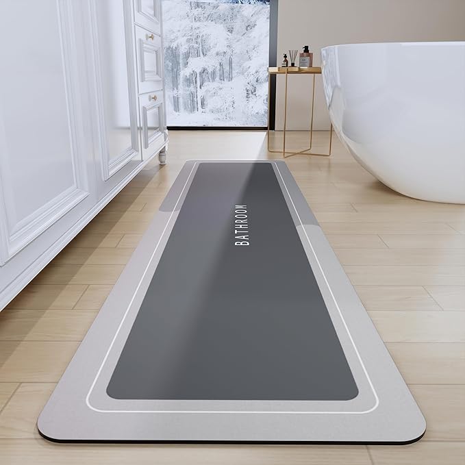 Bath Mats 17x70 Inch, Modernized Magic Mat Bathroom, Rubber Anti Slip Quick Drying Absorbent Bathroom Rug, Shower Room Rugs for in Front of Bathtub, Sink, Gray