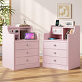 ADORNEVE Night Stand Set 2,Pink Nightstand with Charging Station & Hutch,Night Stands for Bedrooms Set of 2,Bedside Table with Drawers