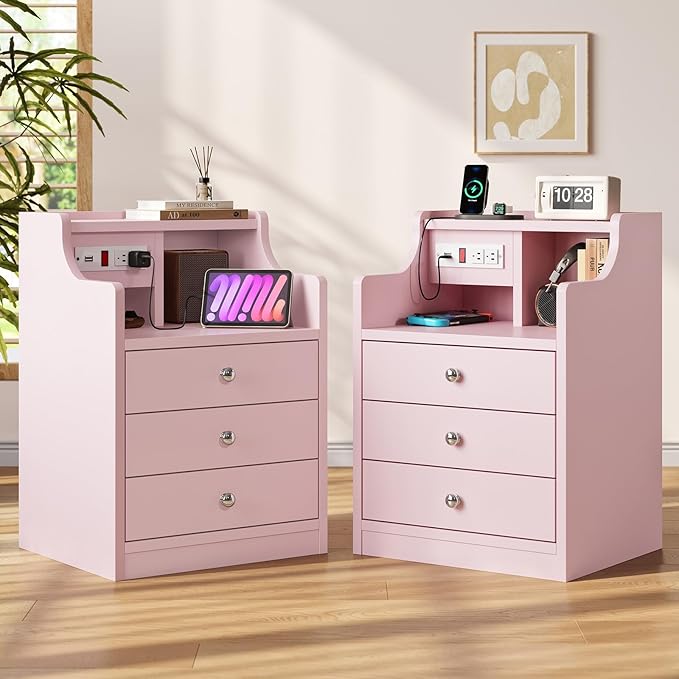 ADORNEVE Nightstand with Charging Station,Pink Night Stand with Hutch,Bedside Table with Drawers,Bed Side Table with Storage