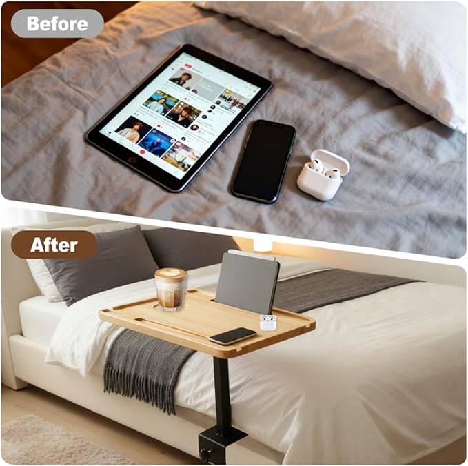 Bedside Shelf for Bed, Height-Adjustable Clip On Bedside Table, Overbed Table for Bed Frames and Sofas Widths 1" - 2.7", Nightstand Organizer Tray for Apartments, Bedrooms, Dorm Essentials