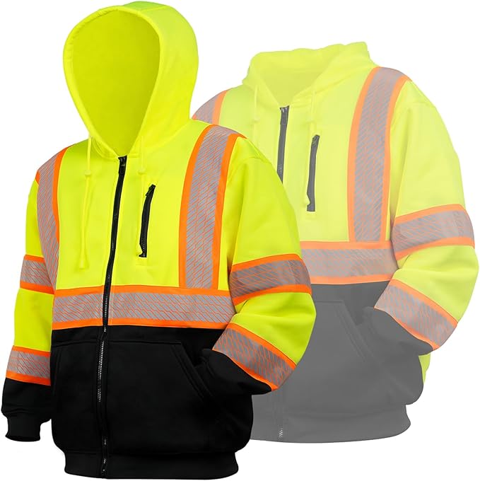GLIMMR High Visibility Safety Hoodie Reflective ANSI Class 3 Sweatshirts for Men Hi Vis Construction Work Zipper Jackets