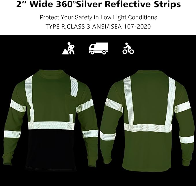 VENDACE 3pcs Safety T Shirts Reflective High Visibility Hi Vis Long Sleeve Construction Work Shirts for Men Class 3