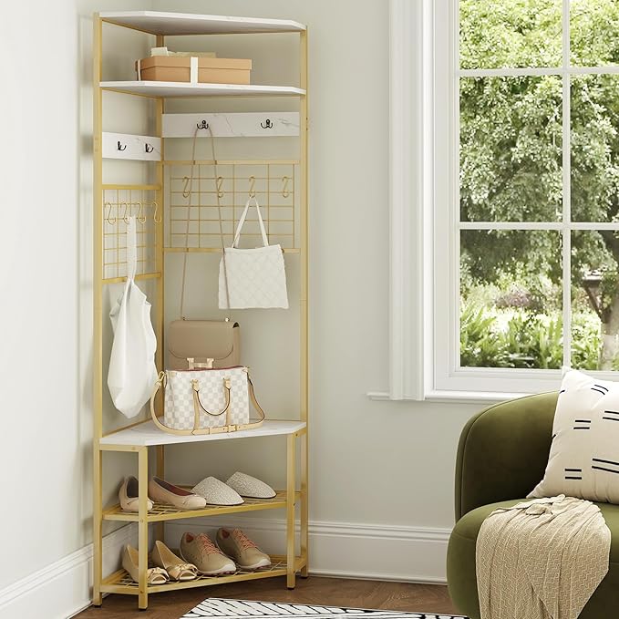 Giantex Corner Hall Tree, 73" Tall Coat Rack w/Shoe Storage Bench, 12 Metal Hooks, 5-Tier Entryway Shoes Shelf Organizer, Freestanding Clothes Rack for Living Room, Bedroom (White & Gold)