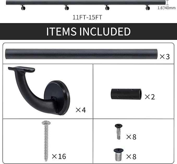 11FT Modern Aluminum Handrail Set, handrails for Indoor Stairs,Deck,Slope, Wall Mounted Staircase handrails, Zink Alloy Brackets Included,Rust Free. (Matte Black, 11 FT)