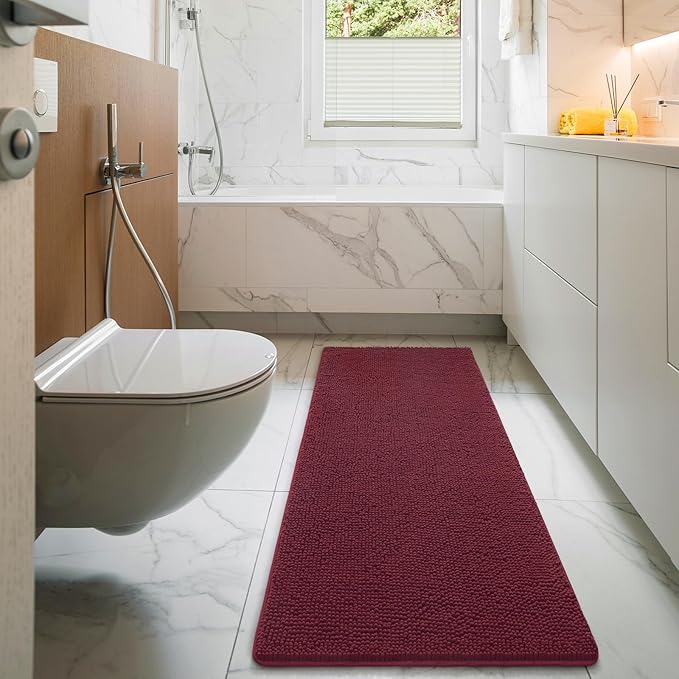 LOCHAS Luxury Bathroom Rug Shaggy Bath Mat 24 x 60 Inch, Washable Non Slip Bath Rugs for Bathroom Shower, Soft Plush Chenille Absorbent Carpets Mats, Burgundy