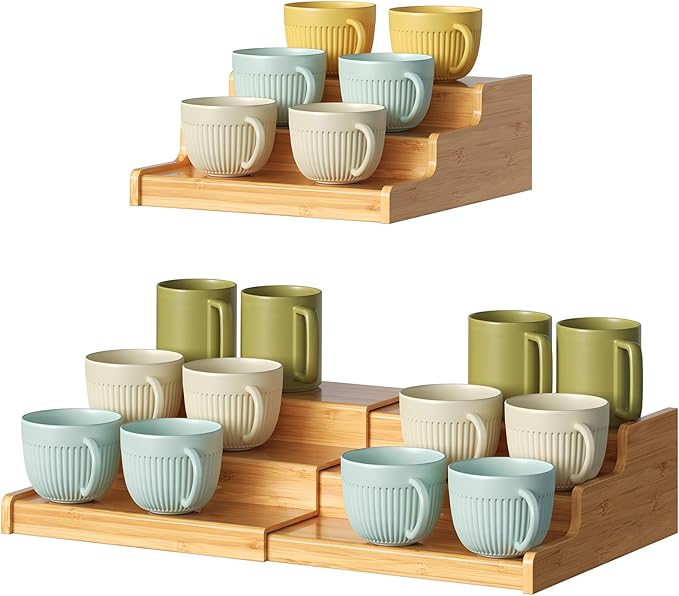 3-Tier Expandable Bamboo Mug Holder for Countertop Coffee Cup Holder Display Mug Organizer Mug Rack for Coffee Bar Organizer Mug Shelf for Cabinet for Kitchen, Home