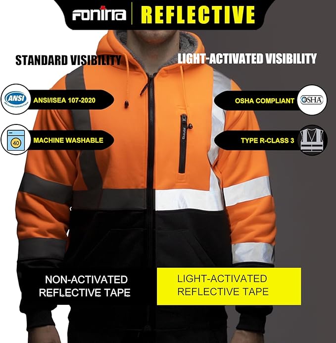 FONIRRA Men's High Visibility Safety ANSI Class 3 Lined Fleece Hoodie Sweatshirt with Black Bottom Jumper Workwear for Men(Orange,M)