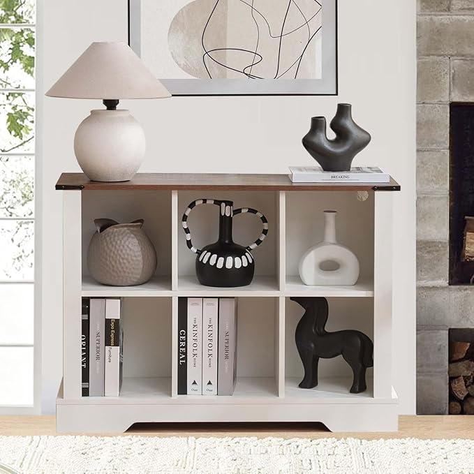 6 Cube Bookcase, Wooden Cube Storage Organizer Shelf, White Horizontal Book Shelf with LED Lights, Freestanding Display Cabinet for Living Room, Hallway TV Stand for Entryway